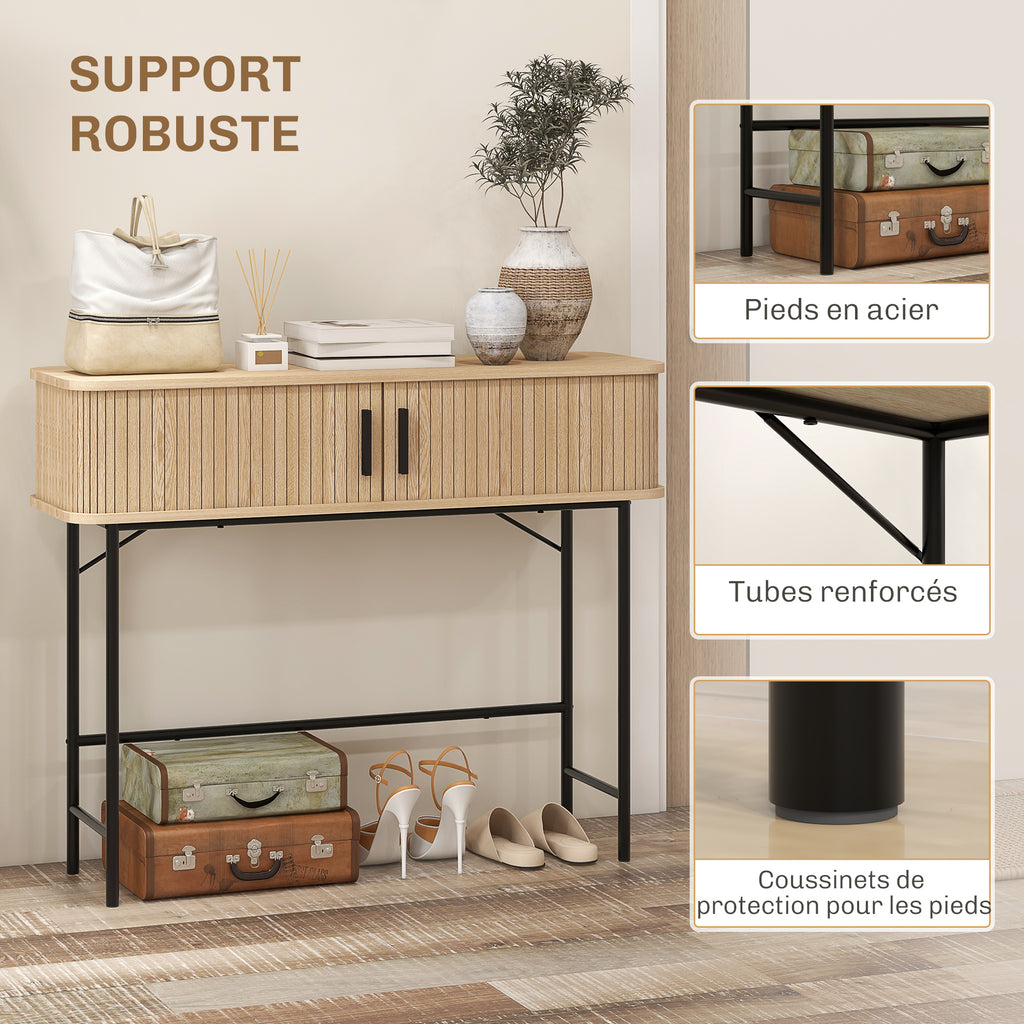 Console meuble, table console avec portes coulissantes à lattes et pieds en acier, pour salon, chêne – product image 2 | SeeMyMails Marketplace