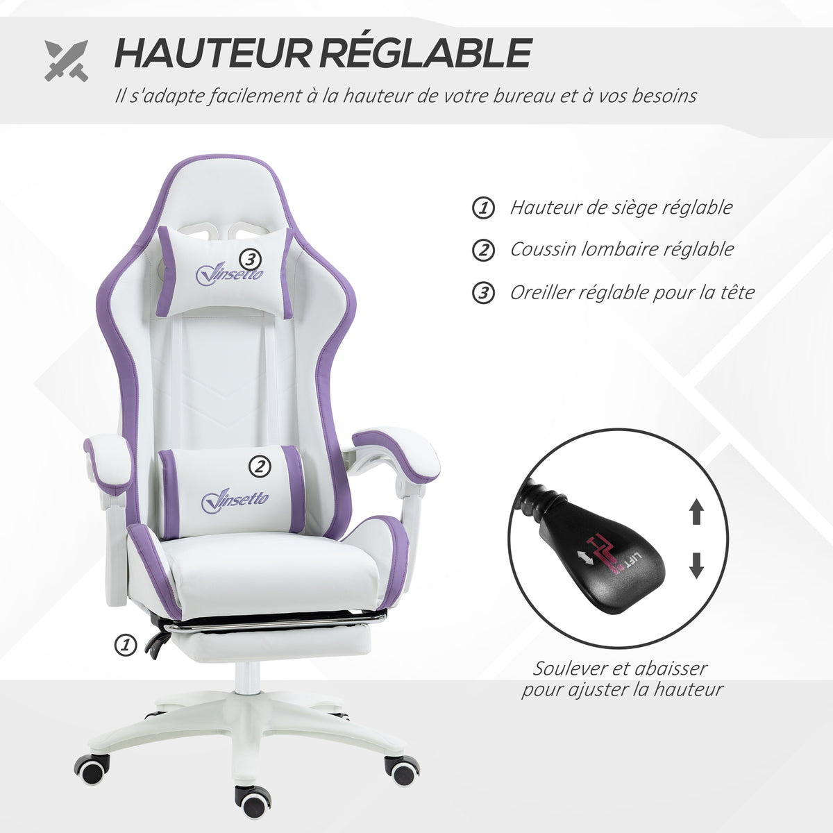 Chaise gaming fauteuil gaming ergonomique avec dossier inclinable à 135° et soutien lombaire, 65 x 6 – product view 7 | SeeMyMails Marketplace