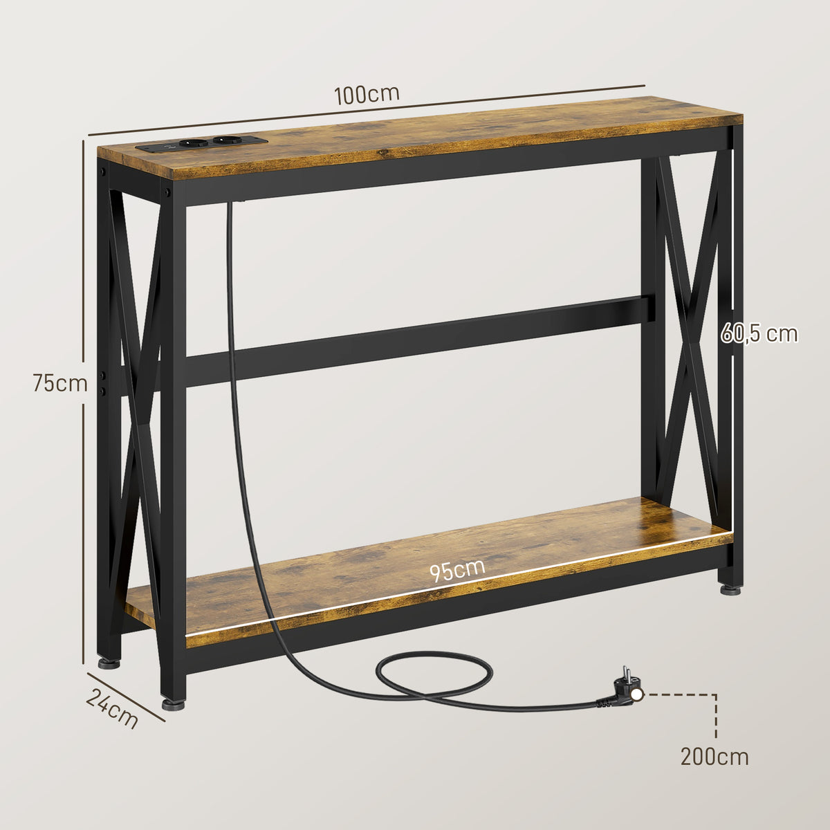 Console meuble étroite à 2 niveaux style industriel avec prises de courant et USB, 100 x 24 x 75 cm, | SeeMyMails Marketplace