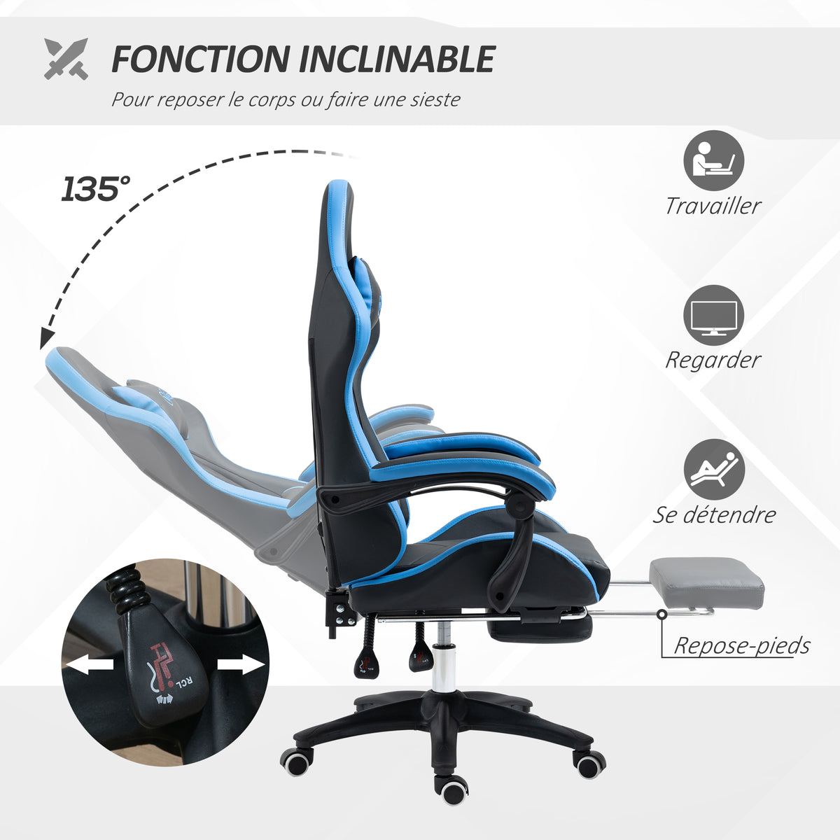Chaise gaming fauteuil gaming ergonomique avec dossier inclinable à 135° et soutien lombaire, 65 x 6 – product view 5 | SeeMyMails Marketplace