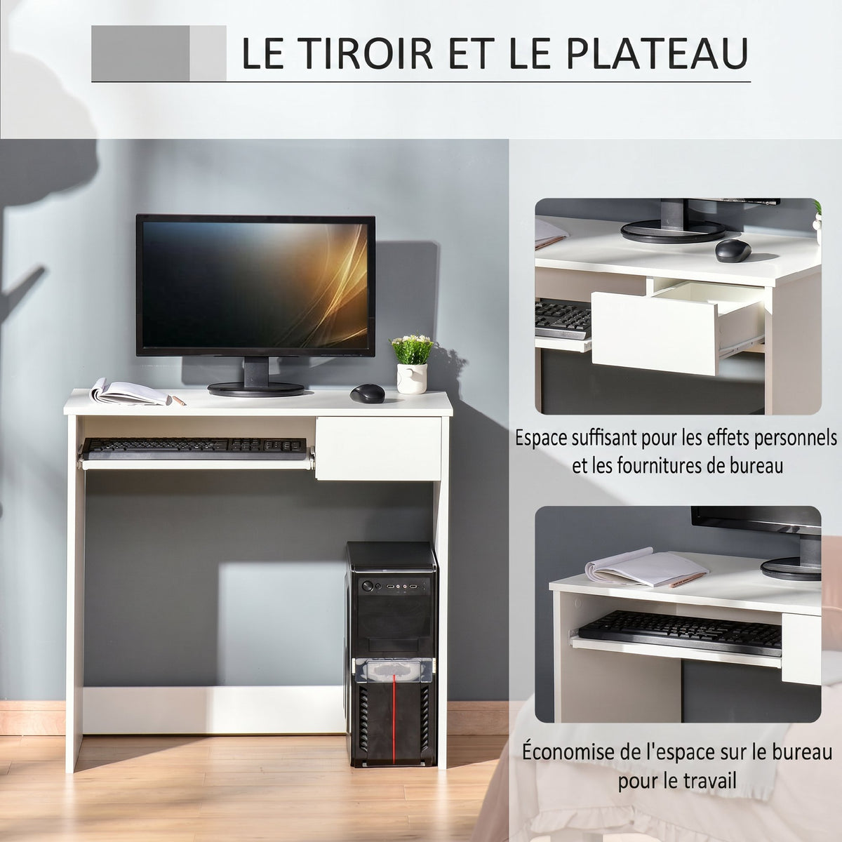 Bureau d'Ordinateur, 80 x 45 x 75 cm, Bureau avec Rangement, Plateau pour Clavier et Tiroir, Blanc – product view 3 | SeeMyMails Marketplace