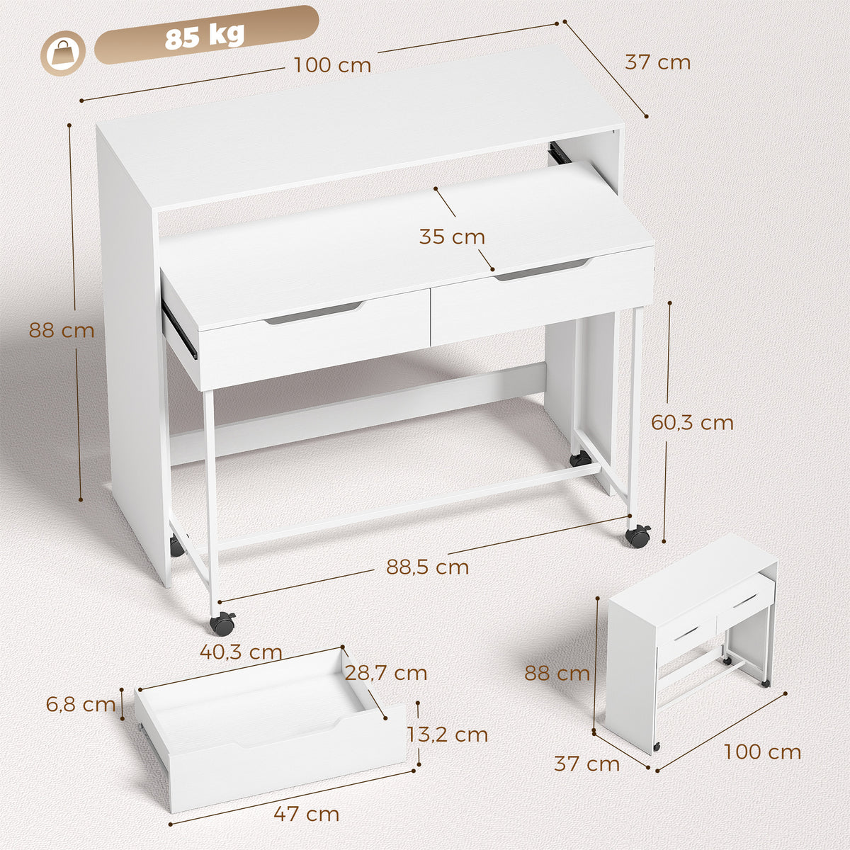 Bureau d'Ordinateur Extensible 100 cm avec 2 Tiroirs, Bureau avec Rangement, Style Moderne, Blanc – product image 3 | SeeMyMails Marketplace