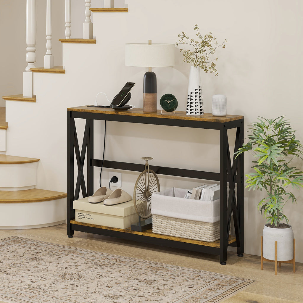 Console meuble étroite à 2 niveaux style industriel avec prises de courant et USB, 100 x 24 x 75 cm, – product image 10 | SeeMyMails Marketplace