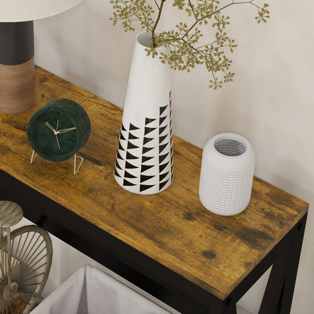 Console meuble étroite à 2 niveaux style industriel avec prises de courant et USB, 100 x 24 x 75 cm, – product image 6 | SeeMyMails Marketplace