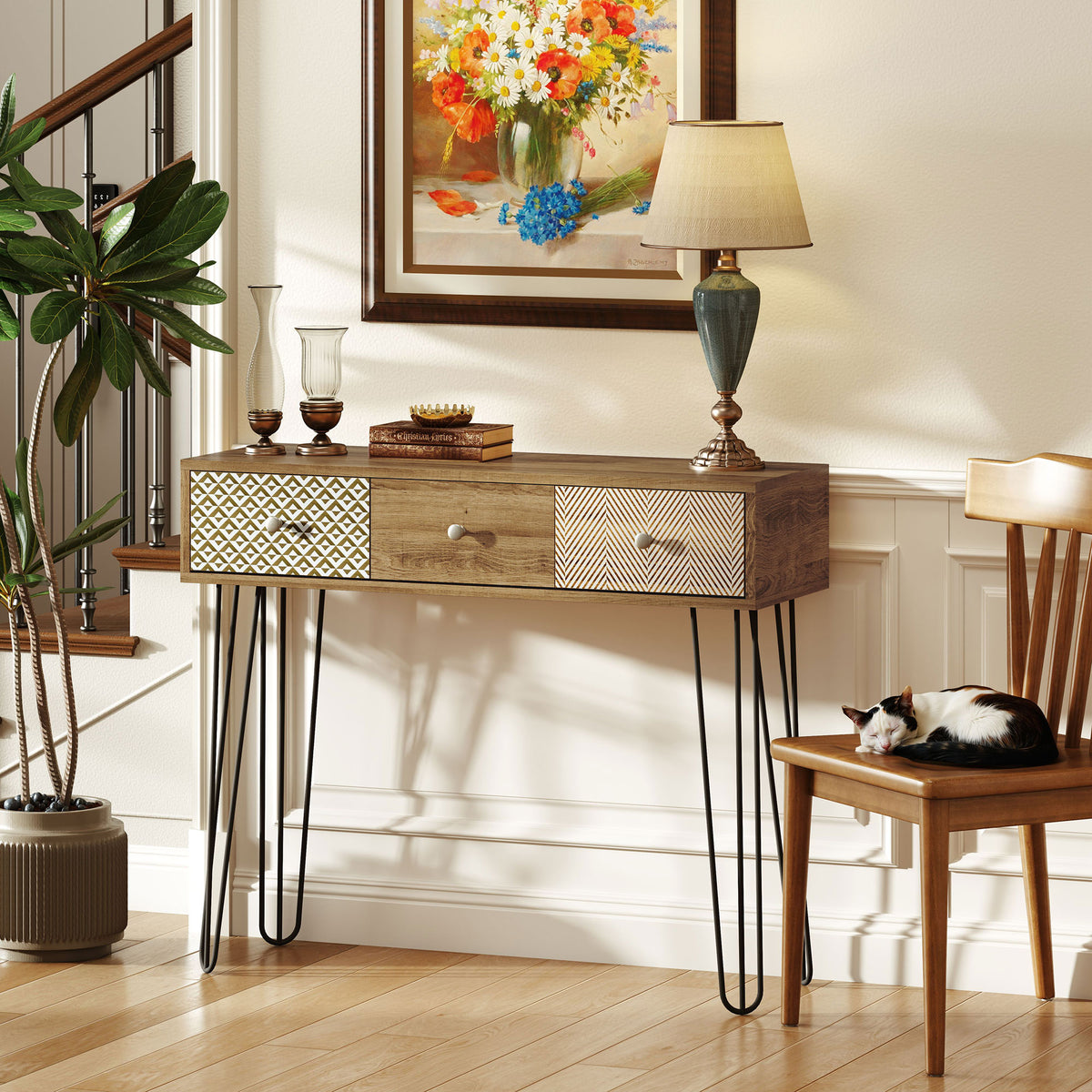 Table console avec 3 tiroirs, table d'entrée étroite avec pieds en épingle à cheveux en acier, 90 x  – product view 7 | SeeMyMails Marketplace