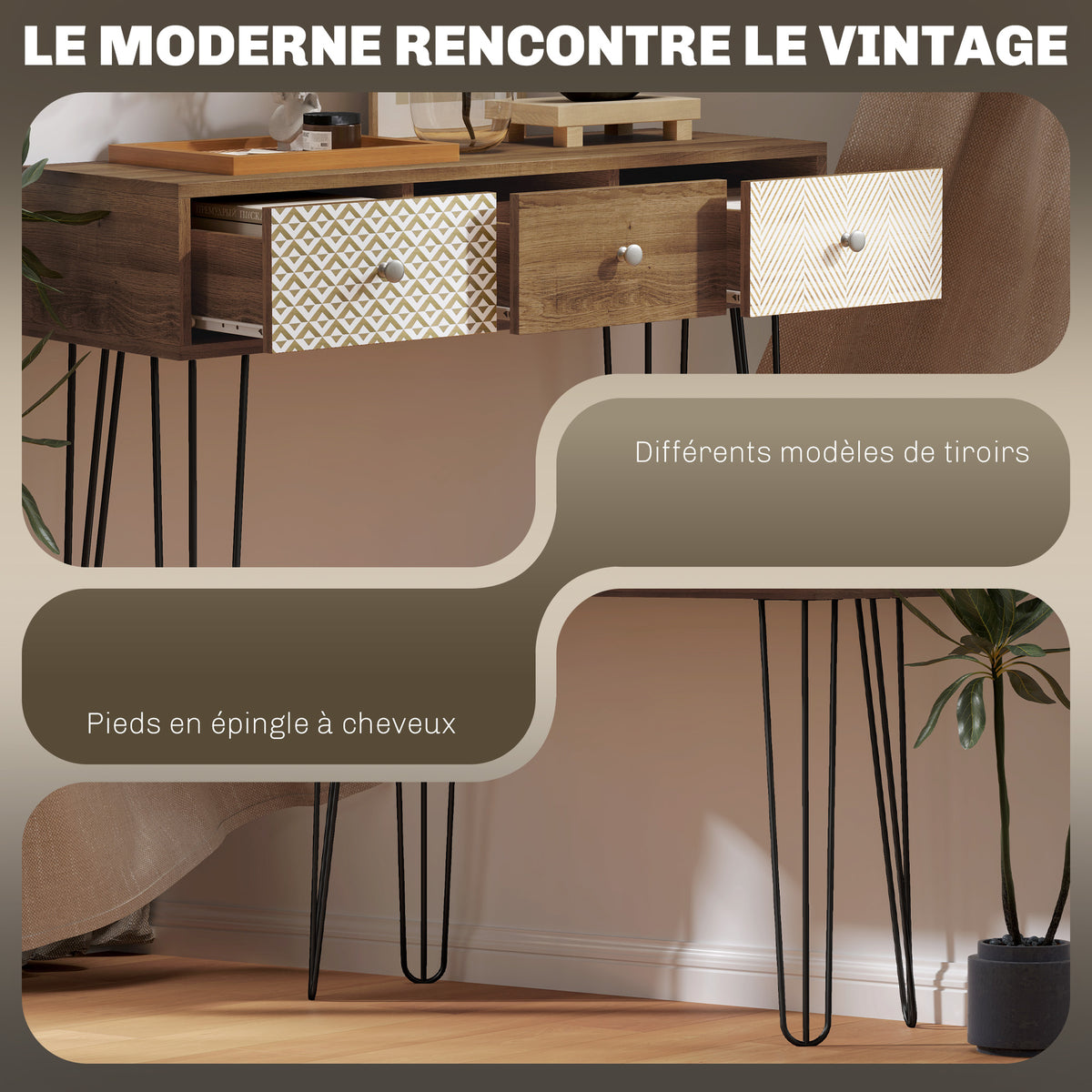 Table console avec 3 tiroirs, table d'entrée étroite avec pieds en épingle à cheveux en acier, 90 x  – product view 4 | SeeMyMails Marketplace