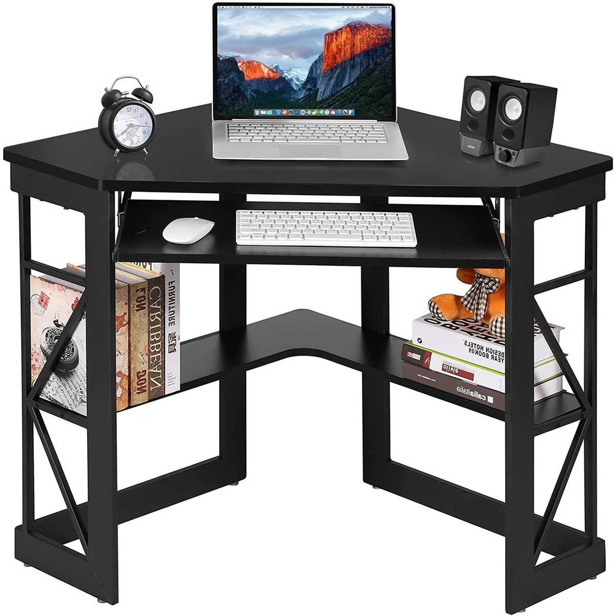 Home Office Corner Computer Desk with Keyboard Tray and Storage Shelves in Black | SeeMyMails Marketplace