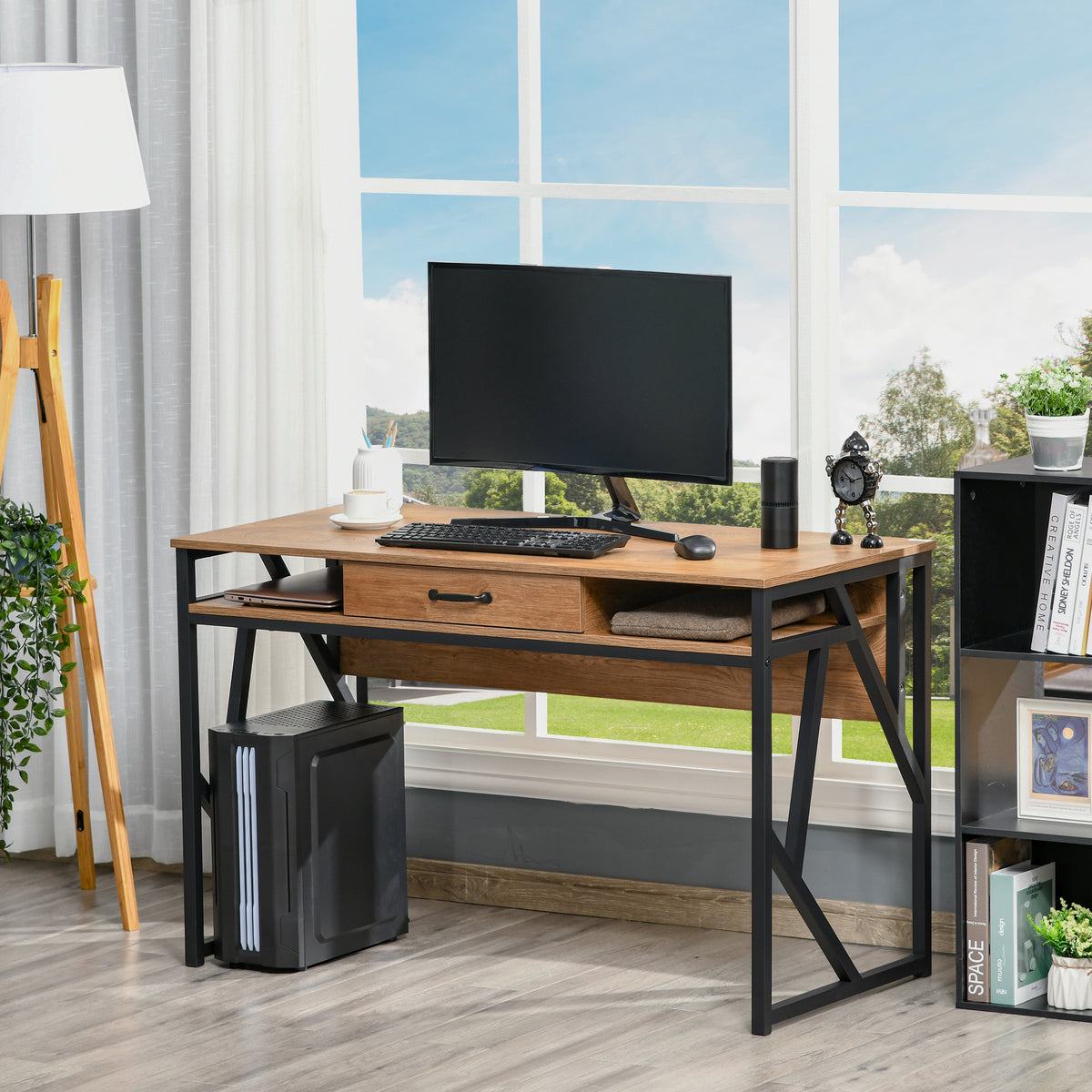 Bureau Style Industriel 120L x 60l x 76H cm tiroir + 2 niches piètement métal Noir Plateau, pour Étu – product view 2 | SeeMyMails Marketplace