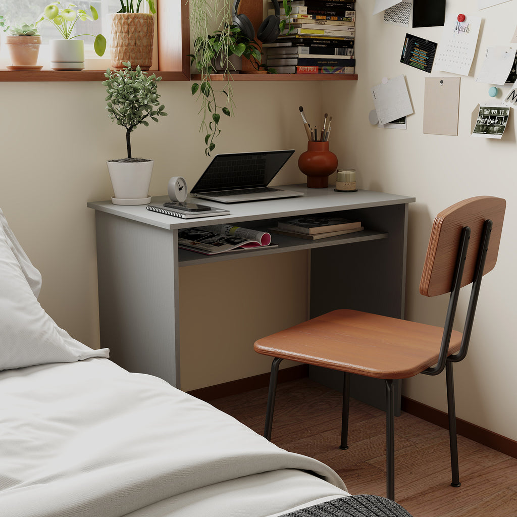 Bureau informatique sobre épuré compact avec 1 étagère, panneaux de particules, dim. 90l x 50P x 74H – product view 9 | SeeMyMails Marketplace