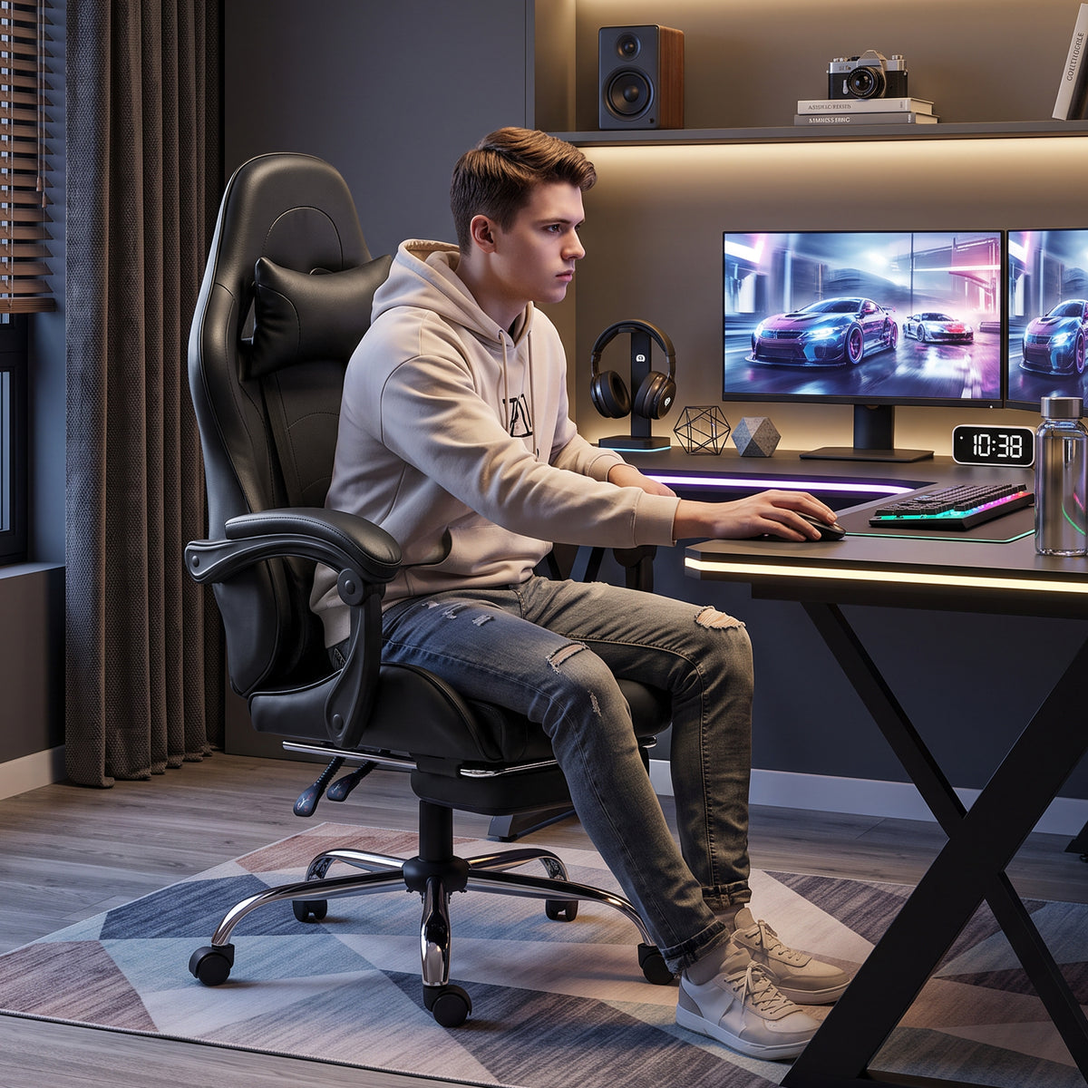 Chaise Gaming Ergonomique avec Coussin Lombaire Massant, Fauteuil Gaming Inclinable en Cuir Synthéti – product view 4 | SeeMyMails Marketplace