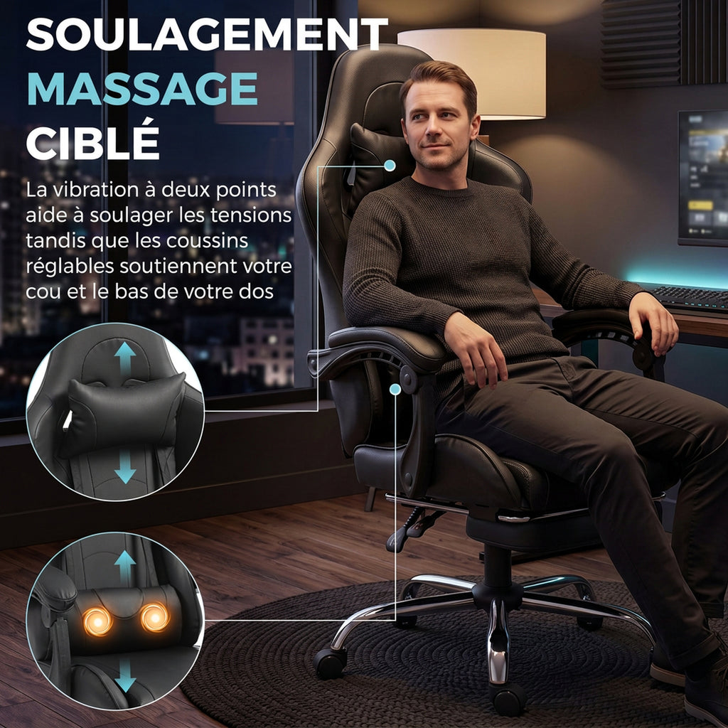 Chaise Gaming Ergonomique avec Coussin Lombaire Massant, Fauteuil Gaming Inclinable en Cuir Synthéti – product view 10 | SeeMyMails Marketplace