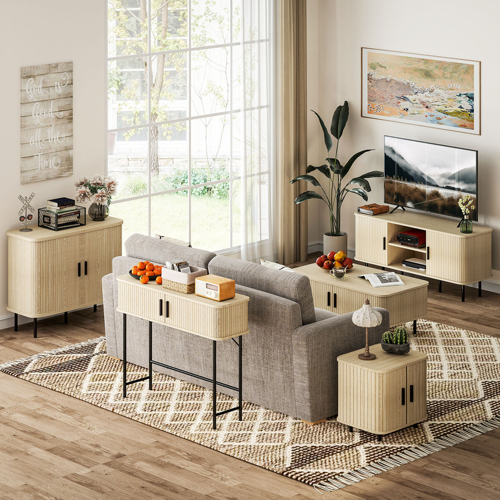 Console meuble, table console avec portes coulissantes à lattes et pieds en acier, pour salon, chêne – product image 3 | SeeMyMails Marketplace