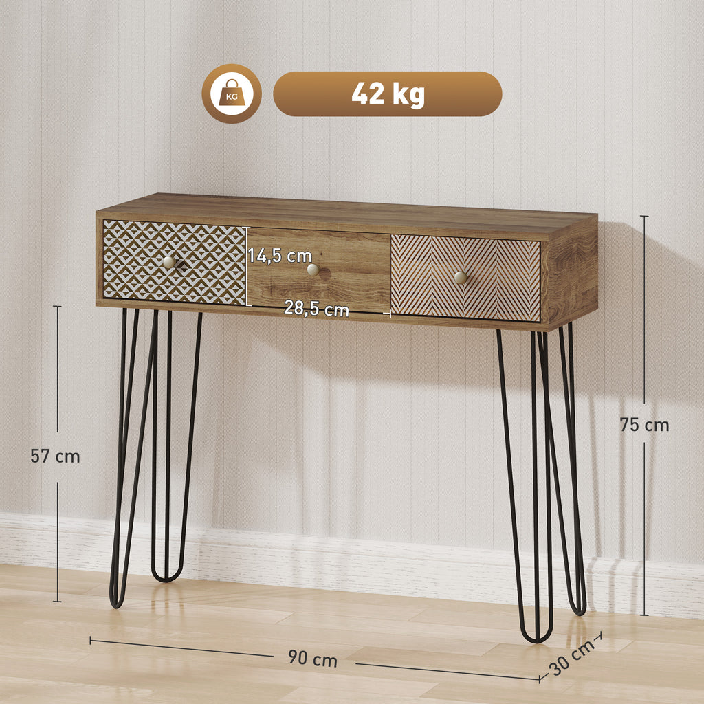 Table console avec 3 tiroirs, table d'entrée étroite avec pieds en épingle à cheveux en acier, 90 x  | SeeMyMails Marketplace