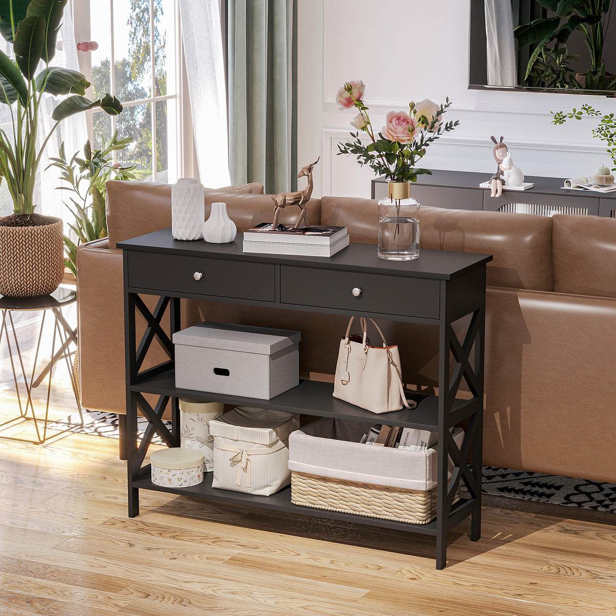 Table de console table d'entrée style table de drapier néo-rétro 2 tiroirs 2 étagères dim. 100L x 30 | SeeMyMails Marketplace