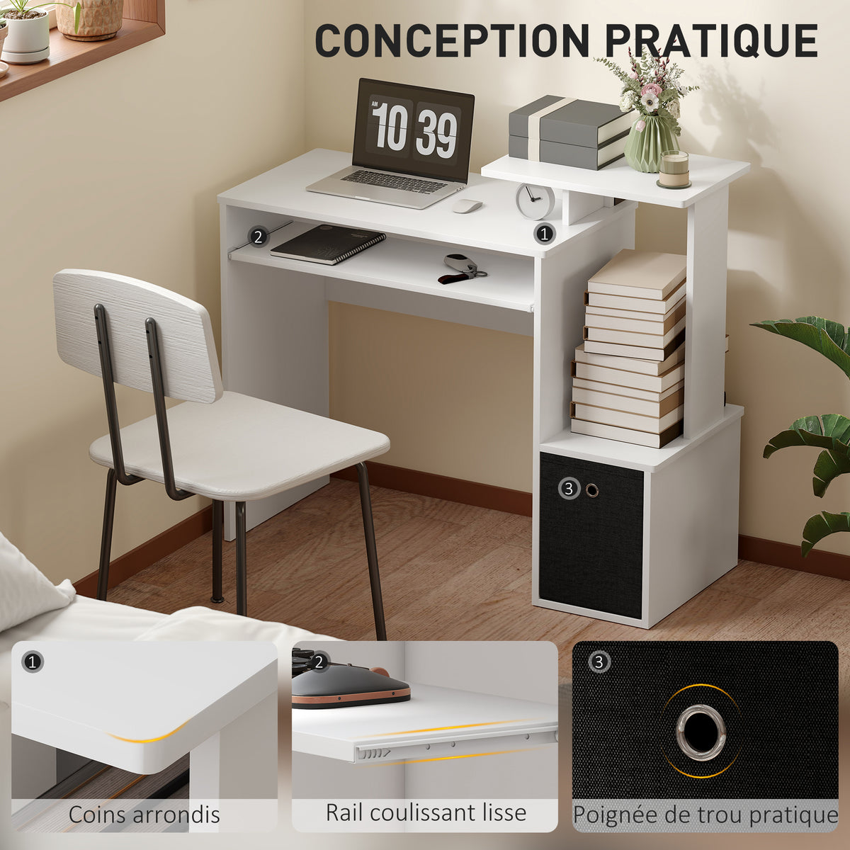 Bureau Informatique multimédia étagères Tablette Clavier Panier Noir Panneaux Particules Blanc – product view 8 | SeeMyMails Marketplace