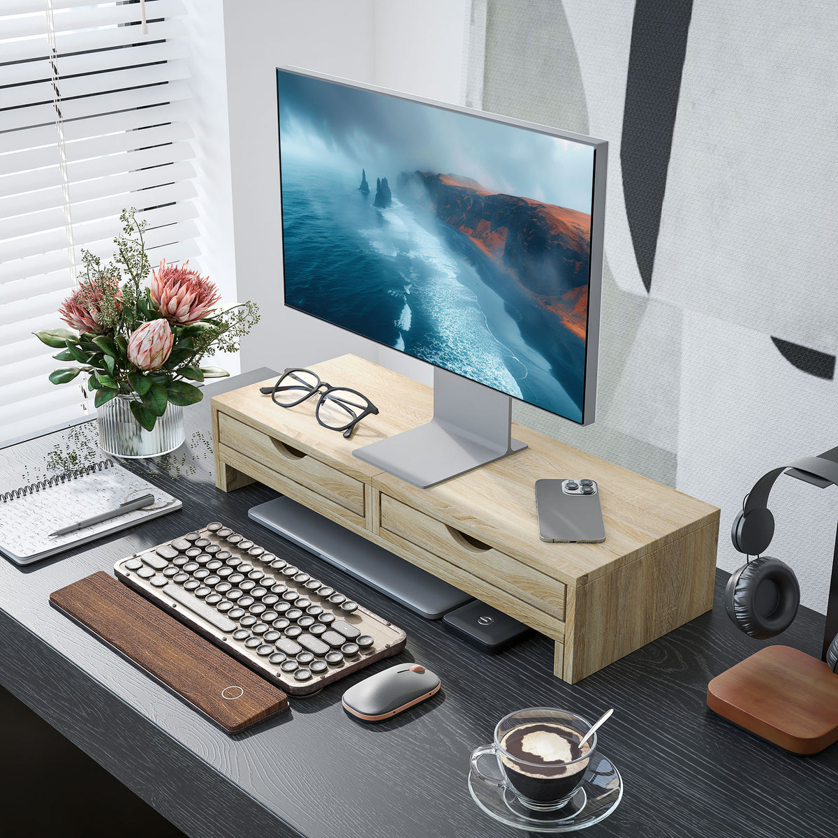 Rehausseur d’écran réglable 60–116 cm avec 2 tiroirs, aspect chêne – product image 3 | SeeMyMails Marketplace