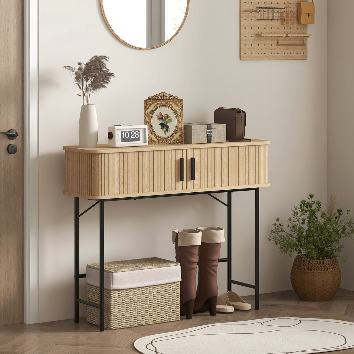 Console meuble, table console avec portes coulissantes à lattes et pieds en acier, pour salon, chêne – product image 7 | SeeMyMails Marketplace