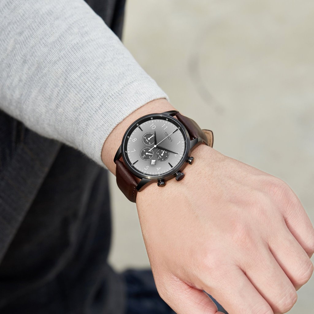 Trnda Men's Stainless Steel Black Watch, Brown Leather Band | Trnda-43mm – product image 4 | SeeMyMails Marketplace