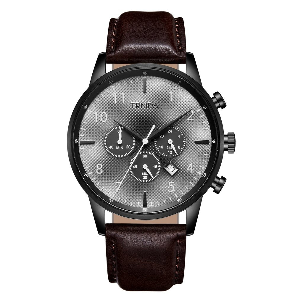 Trnda Men's Stainless Steel Black Watch, Brown Leather Band | Trnda-43mm – product image 3 | SeeMyMails Marketplace