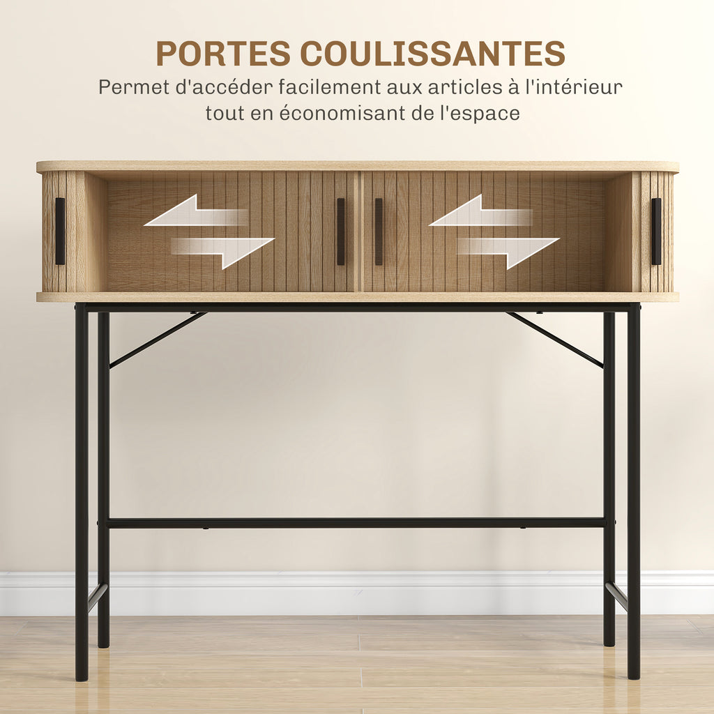 Console meuble, table console avec portes coulissantes à lattes et pieds en acier, pour salon, chêne – product image 5 | SeeMyMails Marketplace