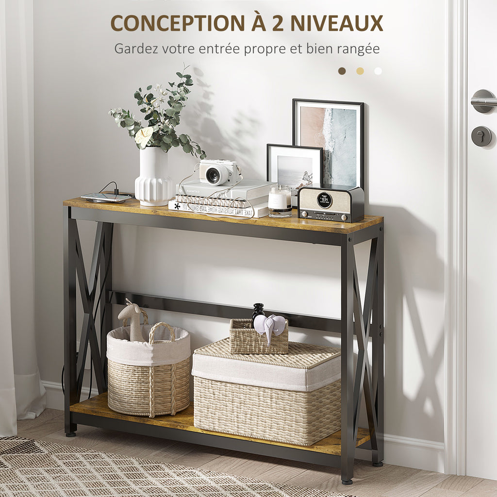 Console meuble étroite à 2 niveaux style industriel avec prises de courant et USB, 100 x 24 x 75 cm, – product image 2 | SeeMyMails Marketplace