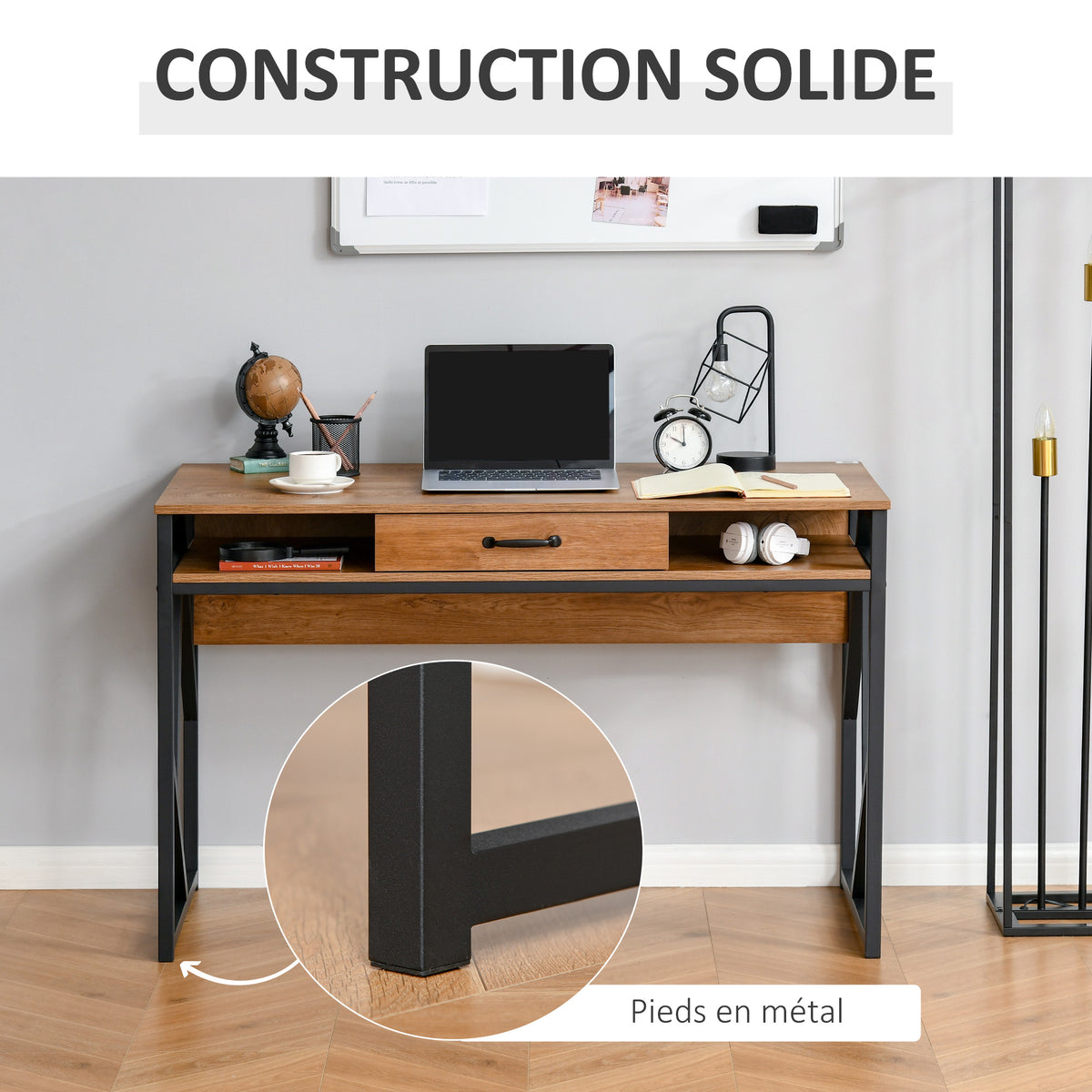 Bureau Style Industriel 120L x 60l x 76H cm tiroir + 2 niches piètement métal Noir Plateau, pour Étu – product view 4 | SeeMyMails Marketplace