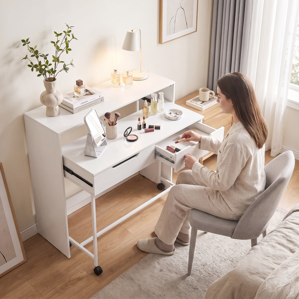 Bureau d'Ordinateur Extensible 100 cm avec 2 Tiroirs, Bureau avec Rangement, Style Moderne, Blanc – product image 10 | SeeMyMails Marketplace