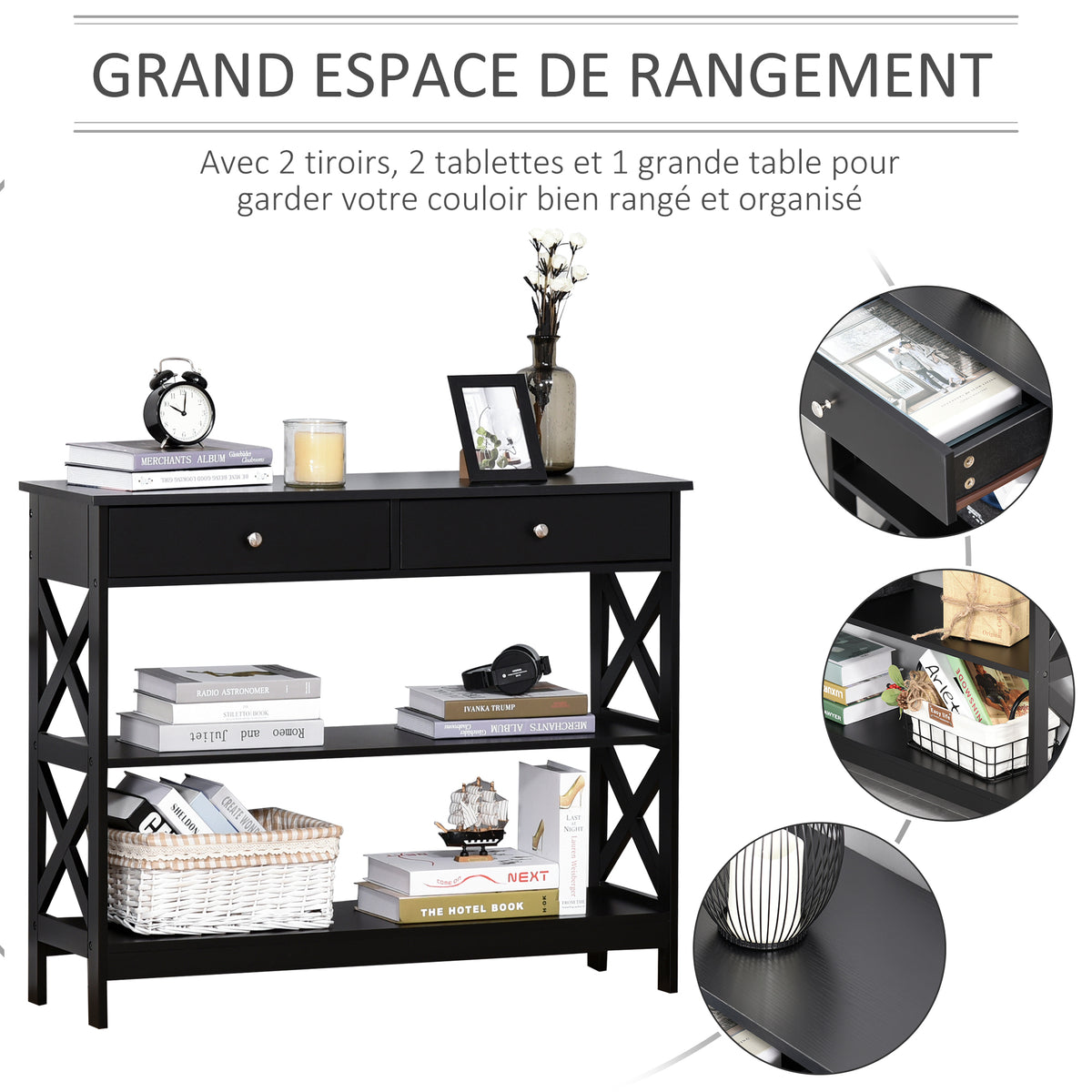 Table de console table d'entrée style table de drapier néo-rétro 2 tiroirs 2 étagères dim. 100L x 30 – product view 5 | SeeMyMails Marketplace
