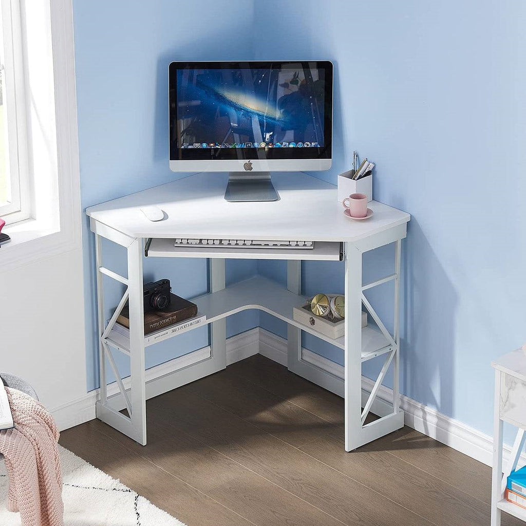 Corner Computer Desk with Keyboard Tray Storage Shelves in White | SeeMyMails Marketplace