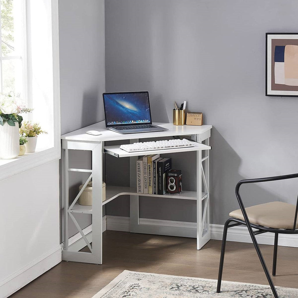 Corner Computer Desk with Keyboard Tray Storage Shelves in White – product view 2 | SeeMyMails Marketplace