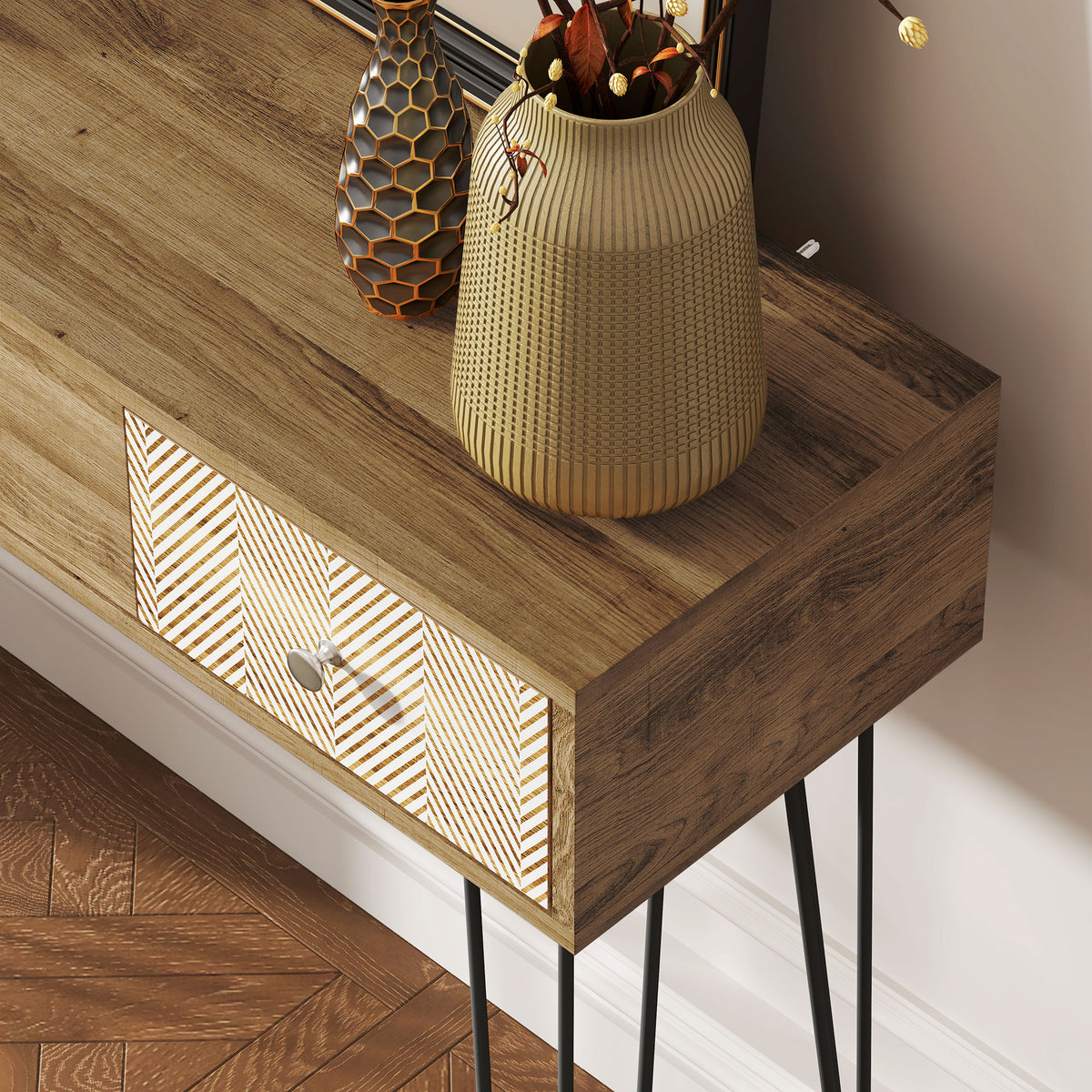 Table console avec 3 tiroirs, table d'entrée étroite avec pieds en épingle à cheveux en acier, 90 x  – product view 9 | SeeMyMails Marketplace