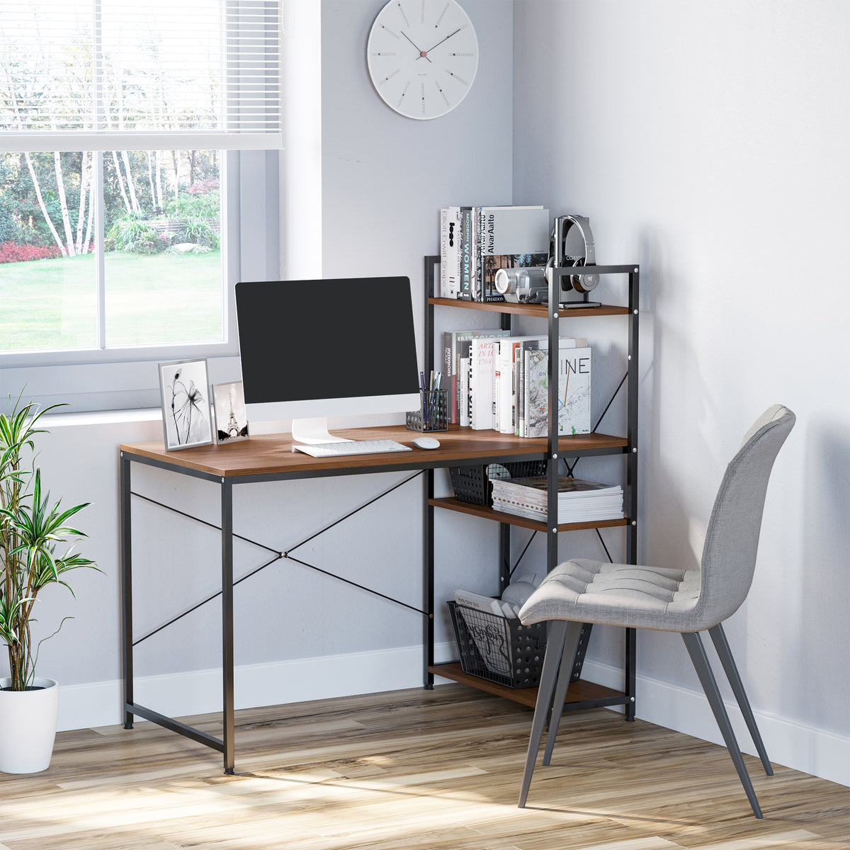 Bureau d'angle avec rangement design Industriel avec bibliothèque 3 étagères panneaux particules asp – product image 6 | SeeMyMails Marketplace