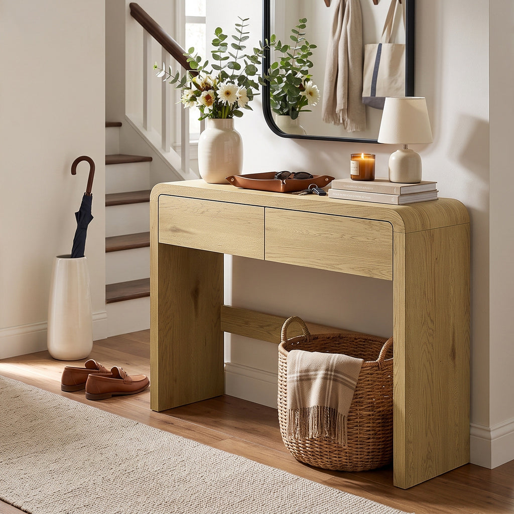 Table Console avec 2 Tiroirs, Console Meuble, 100 x 30 x 85 cm, Coins Arrondis et Plateau Épais, Boi – product view 9 | SeeMyMails Marketplace