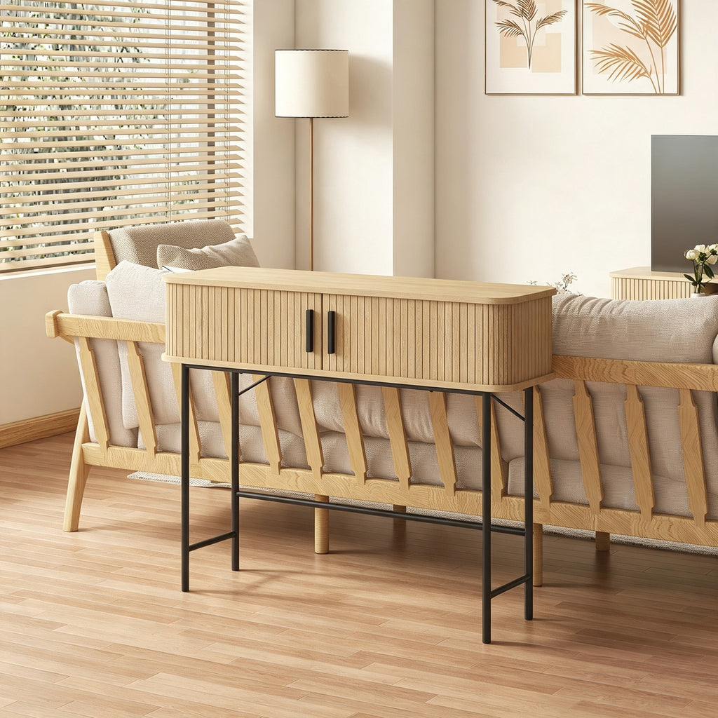 Console meuble, table console avec portes coulissantes à lattes et pieds en acier, pour salon, chêne – product image 4 | SeeMyMails Marketplace