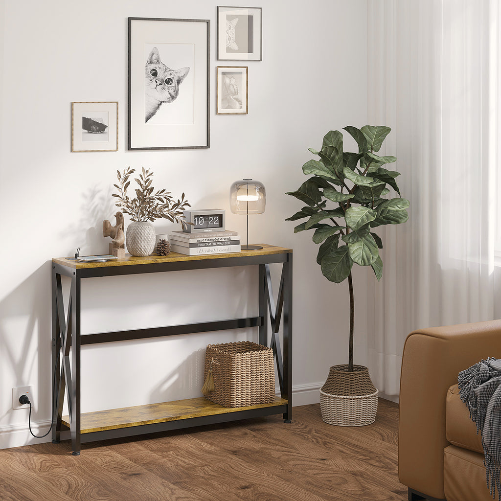 Console meuble étroite à 2 niveaux style industriel avec prises de courant et USB, 100 x 24 x 75 cm, – product image 8 | SeeMyMails Marketplace