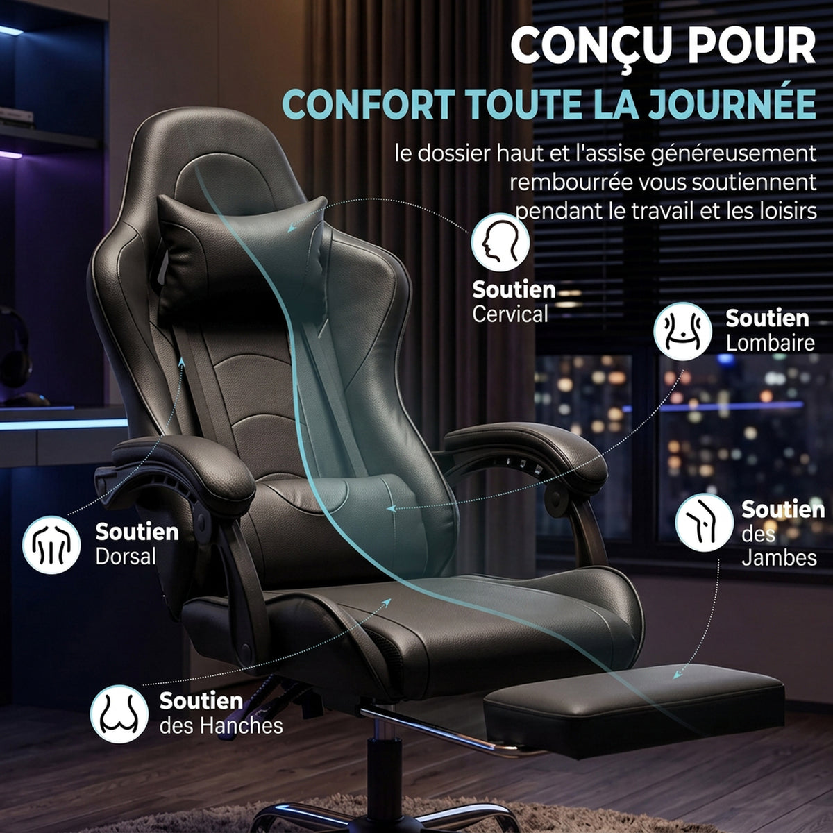 Chaise Gaming Ergonomique avec Coussin Lombaire Massant, Fauteuil Gaming Inclinable en Cuir Synthéti | SeeMyMails Marketplace