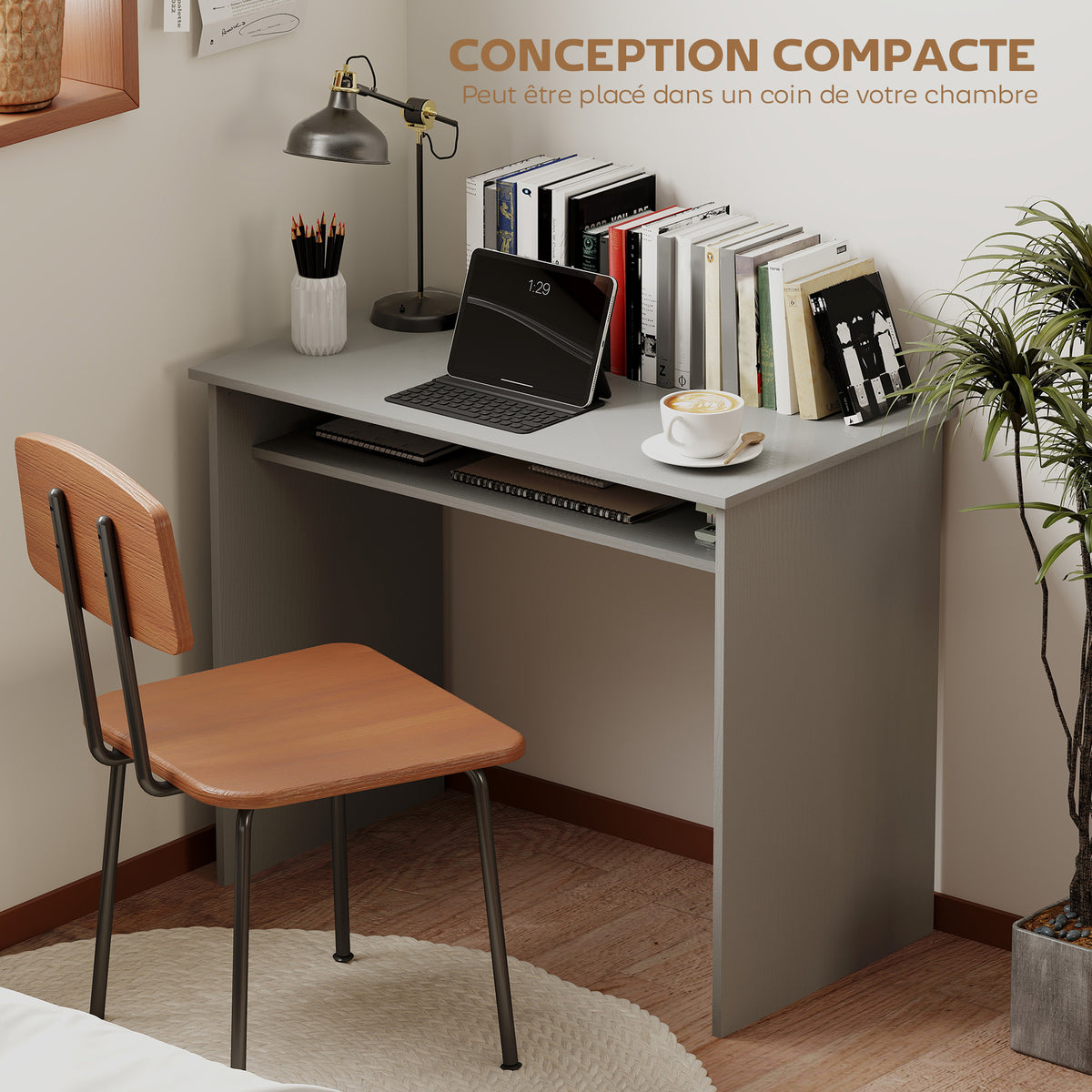 Bureau informatique sobre épuré compact avec 1 étagère, panneaux de particules, dim. 90l x 50P x 74H – product view 4 | SeeMyMails Marketplace