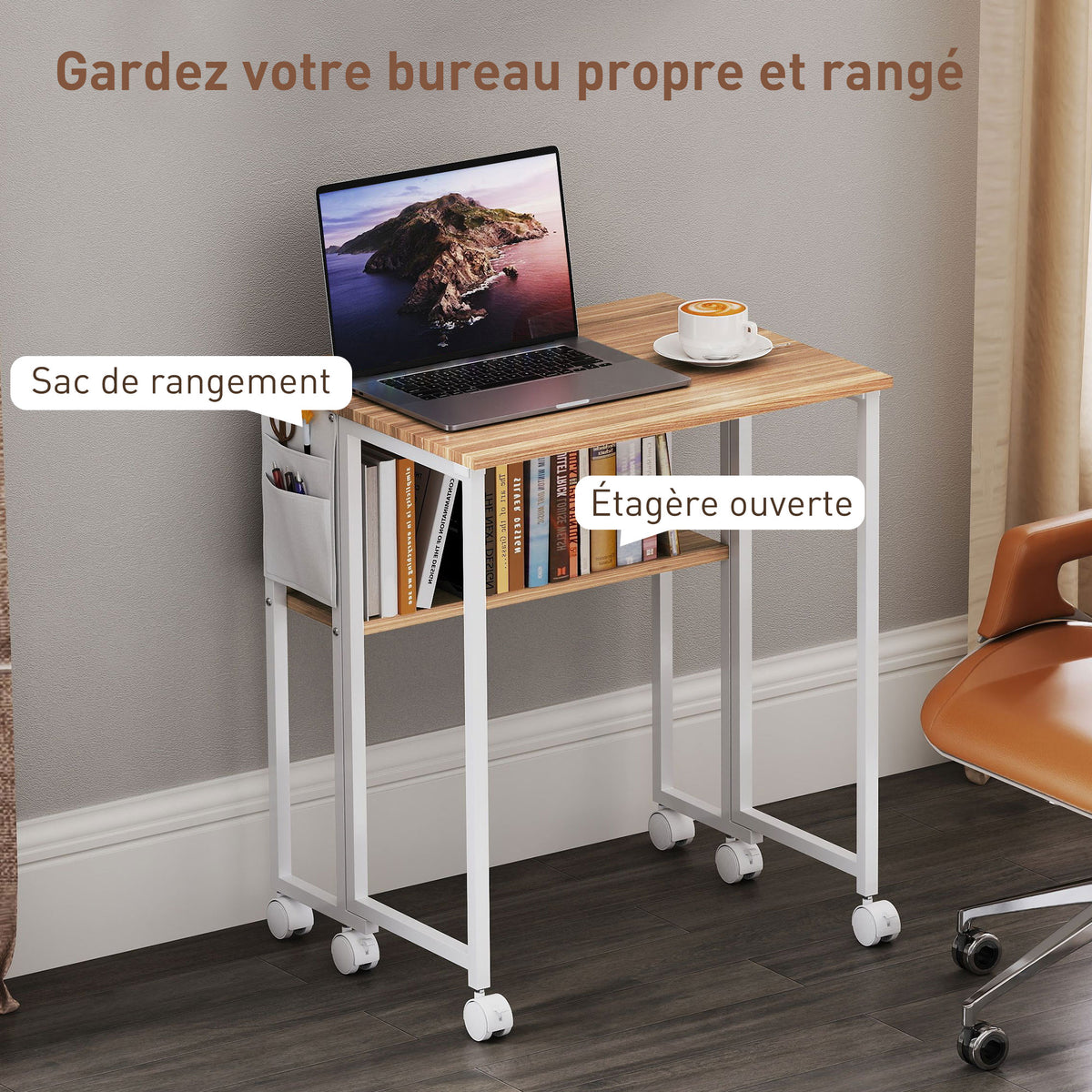 Bureau pliable sur roulettes 63 x 50 cm avec étagère et sac de rangement, bois naturel – product image 9 | SeeMyMails Marketplace