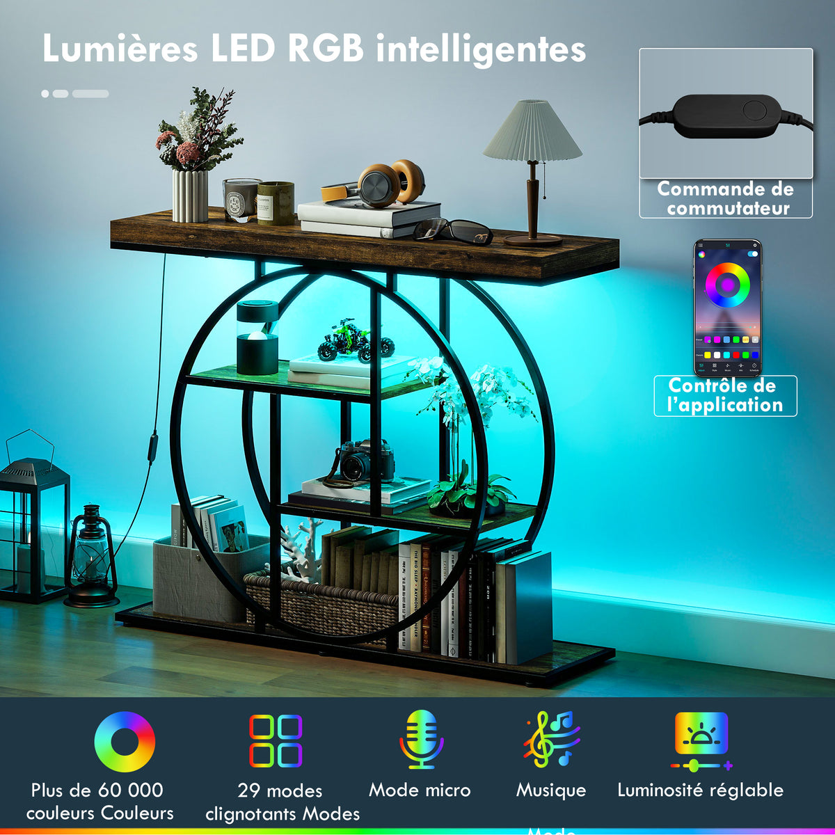 Console meuble avec éclairage LED 100 cm, table console à 4 niveaux avec étagères ouvertes, marron r | SeeMyMails Marketplace