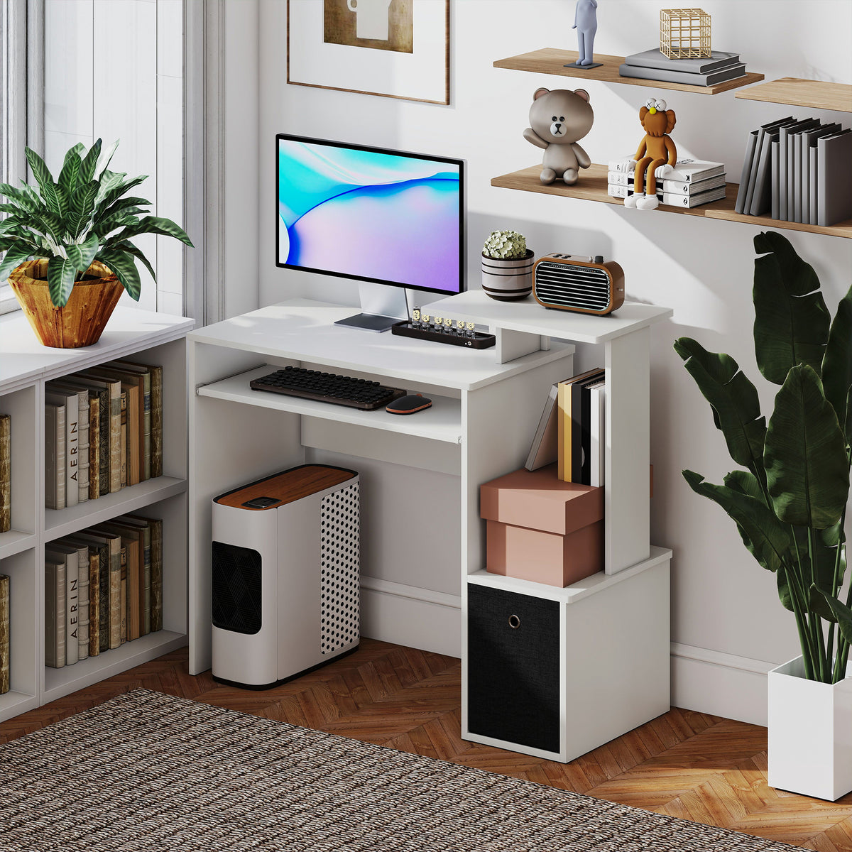 Bureau Informatique multimédia étagères Tablette Clavier Panier Noir Panneaux Particules Blanc | SeeMyMails Marketplace