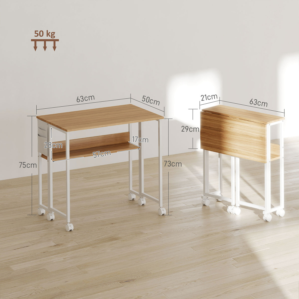 Bureau pliable sur roulettes 63 x 50 cm avec étagère et sac de rangement, bois naturel – product image 3 | SeeMyMails Marketplace