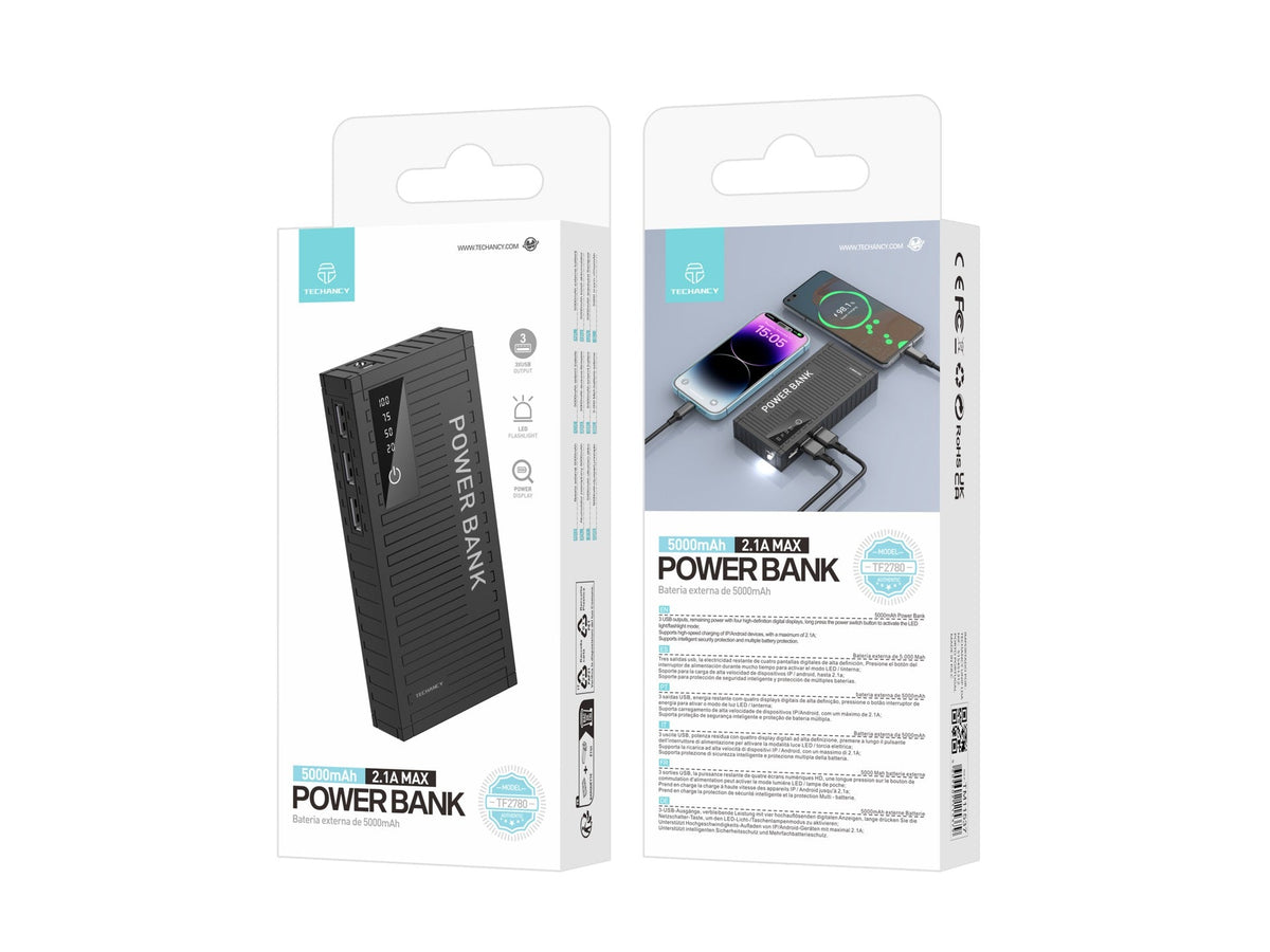 Techancy 5000mah Power Bank Preto TF2780，Carregamento Rápido De 2A,3 Saídas Usb Para Telemóvel/Table – product image 5 | SeeMyMails Marketplace