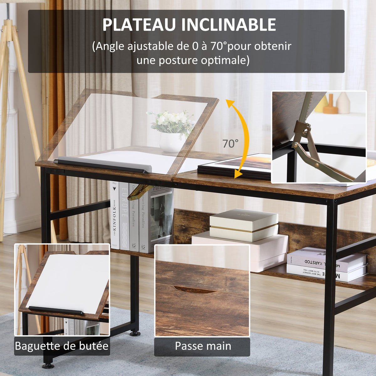 Table à dessin inclinable bureau informatique design industriel - plateau relevable, étagère - panne – product view 2 | SeeMyMails Marketplace