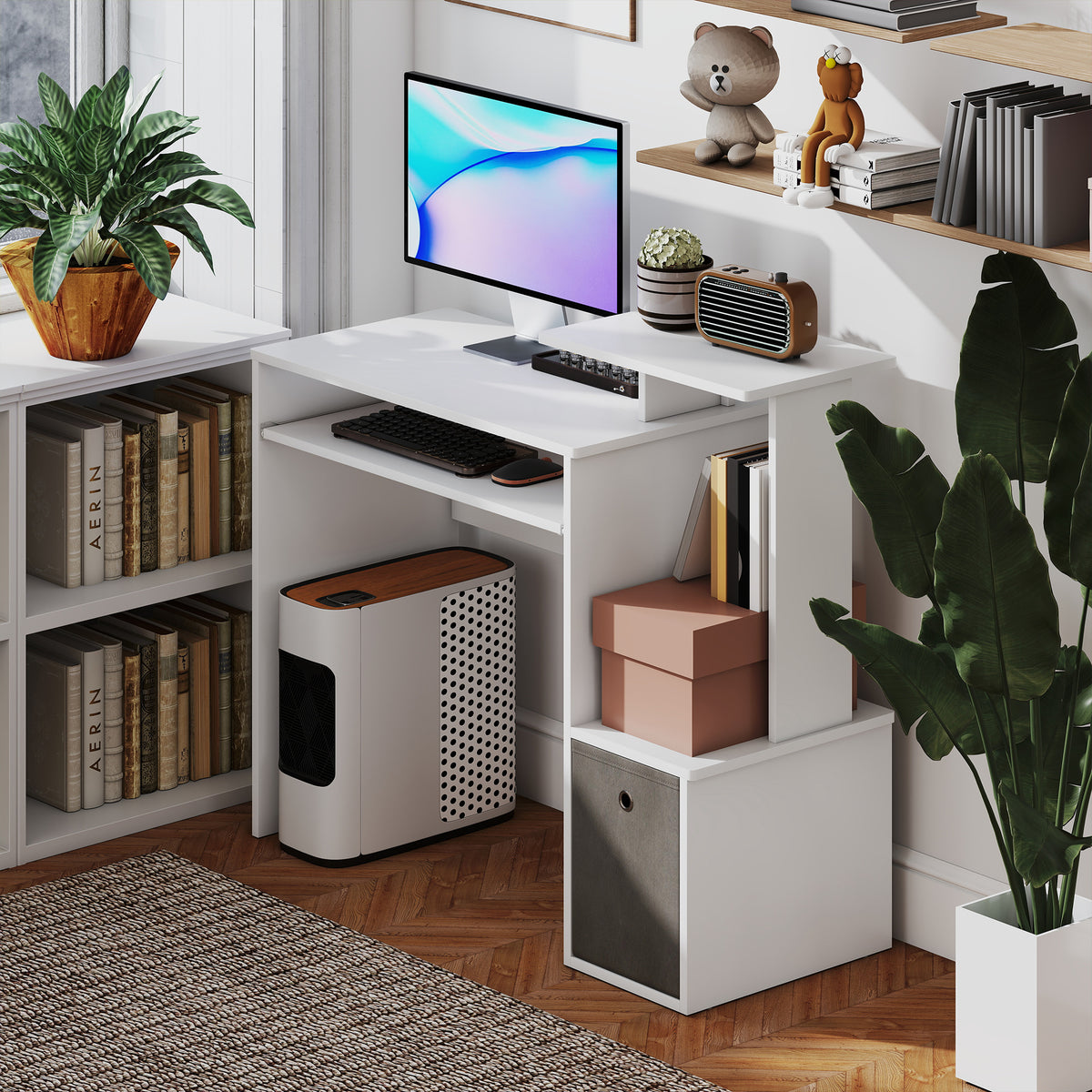 Bureau Informatique multimédia étagères Tablette Clavier Panier Gris Panneaux Particules Blanc – product image 8 | SeeMyMails Marketplace