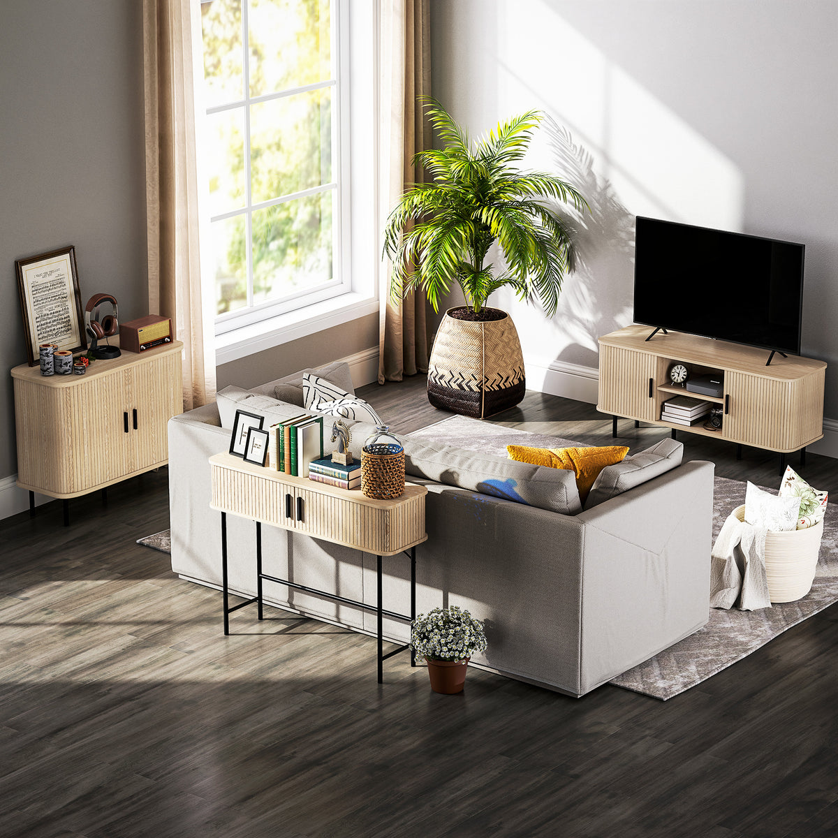 Console meuble, table console avec portes coulissantes à lattes et pieds en acier, pour salon, chêne – product image 6 | SeeMyMails Marketplace