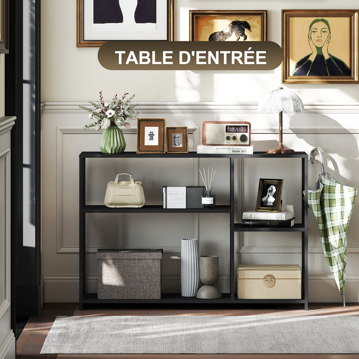 Console meuble étroite à 4 niveaux style industriel cadre en acier, 110 x 30 x 75 cm, noir | SeeMyMails Marketplace