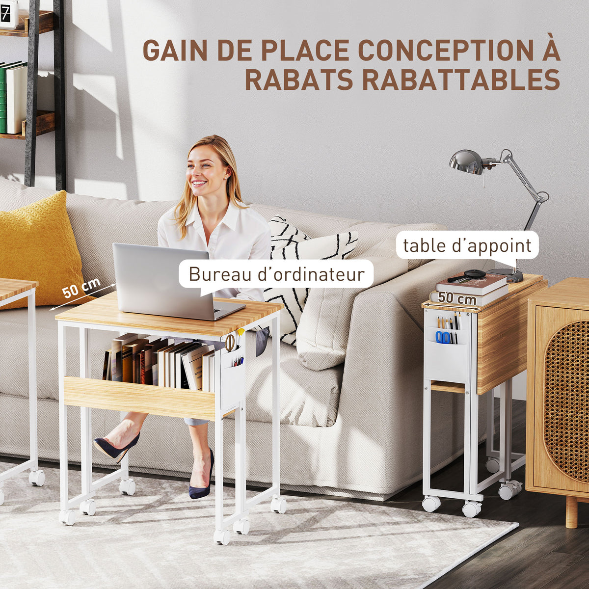Bureau pliable sur roulettes 63 x 50 cm avec étagère et sac de rangement, bois naturel – product image 4 | SeeMyMails Marketplace