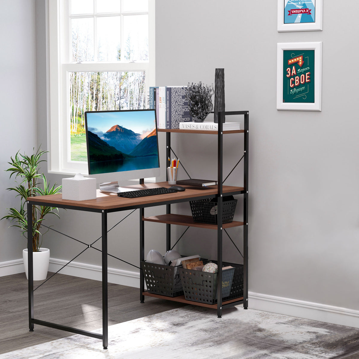 Bureau d'angle avec rangement design Industriel avec bibliothèque 3 étagères panneaux particules asp | SeeMyMails Marketplace
