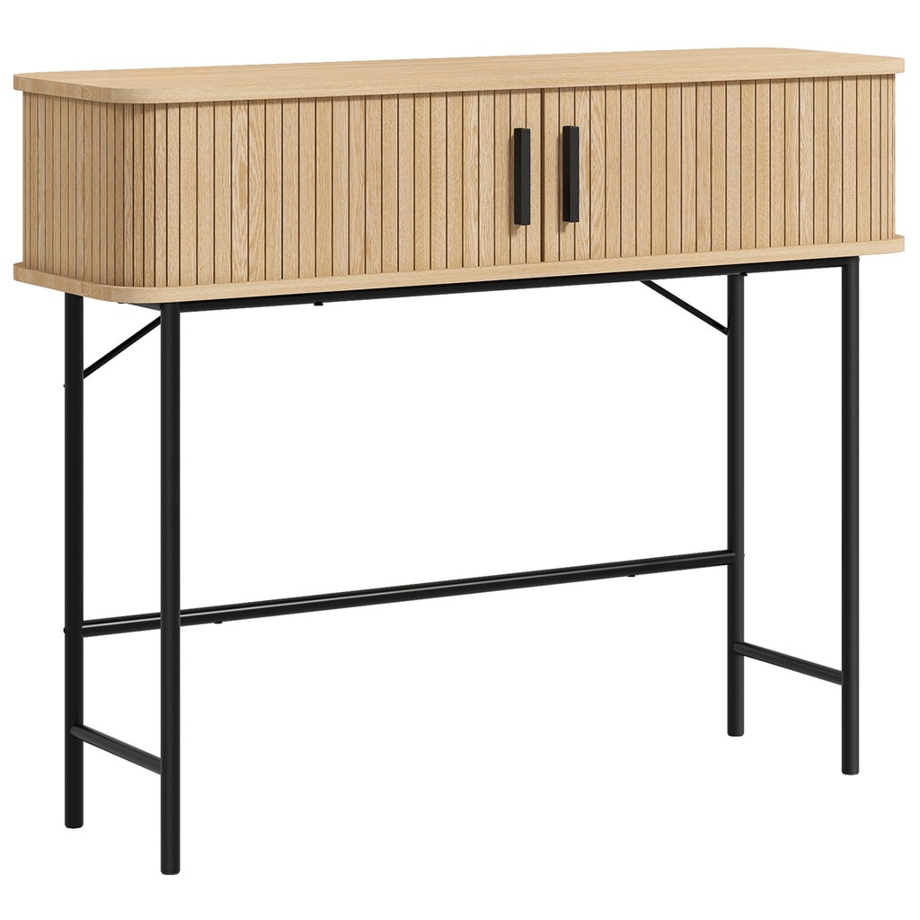 Console meuble, table console avec portes coulissantes à lattes et pieds en acier, pour salon, chêne – product image 8 | SeeMyMails Marketplace