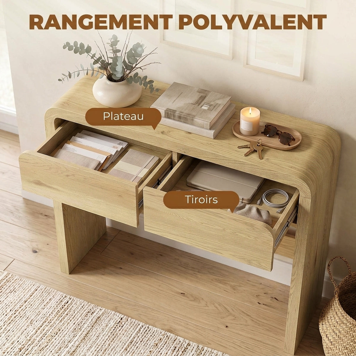 Table Console avec 2 Tiroirs, Console Meuble, 100 x 30 x 85 cm, Coins Arrondis et Plateau Épais, Boi – product view 8 | SeeMyMails Marketplace